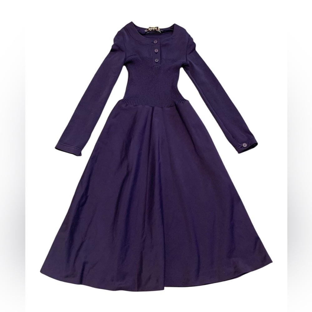 VINTAGE Rodier Paris Ribbed Knit A-Line Midi Dress - Purple - Made in France XS